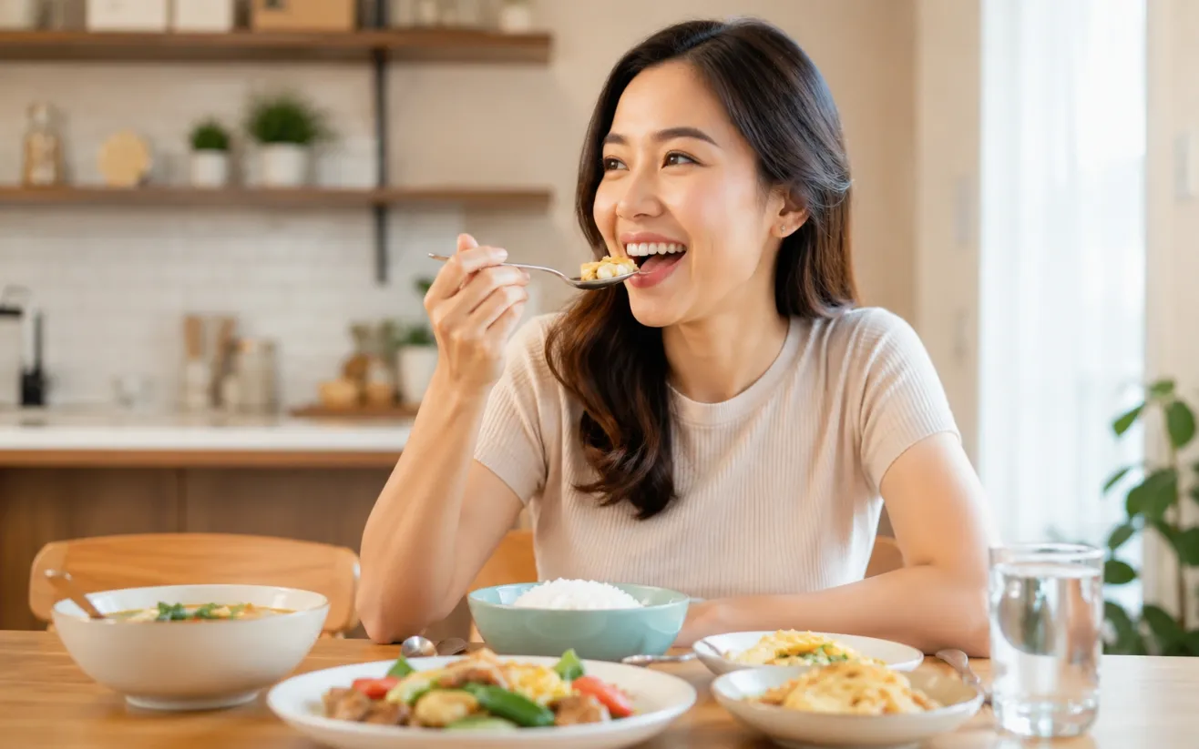 ผู้หญิงกินอาหารอย่างมีความสุขหลังจากจัดการปัญหาแผลในปาก